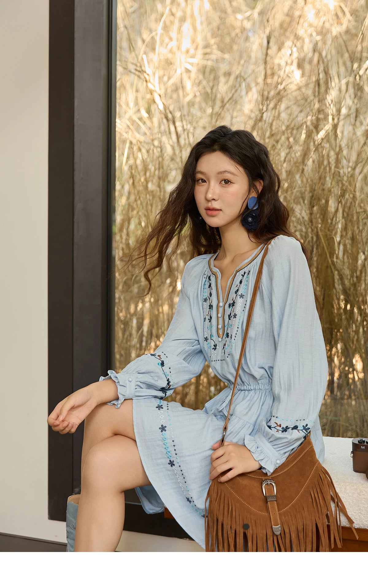 MISHOW Woman Long Sleeve Dress Autumn Elegant V-neck Embroidered Drawstring Waist Dress A-line Bohemian Midi Dresses MXE44L2489