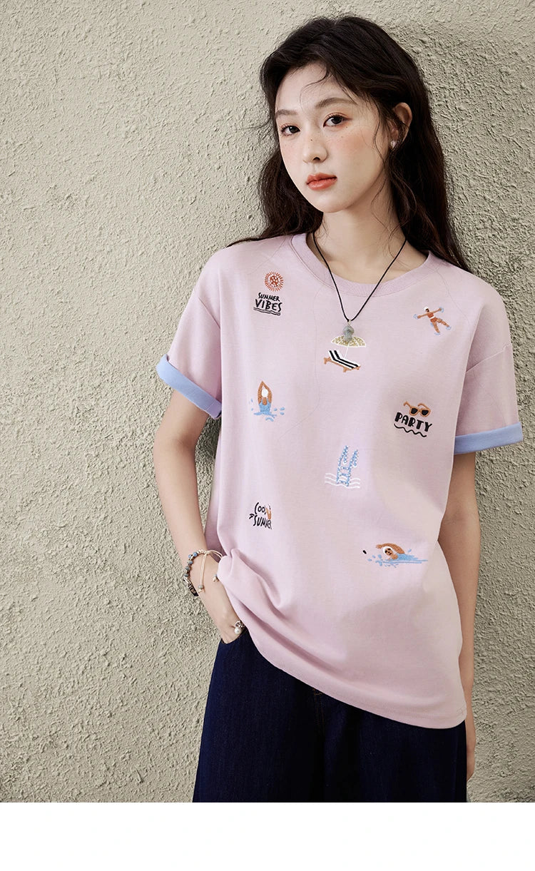 MISHOW Embroidered Casual T-shirt for Women Summer 2025 Short Sleeve Round Neck Shirts Female New Fashion Tops Lady MXE16T0506