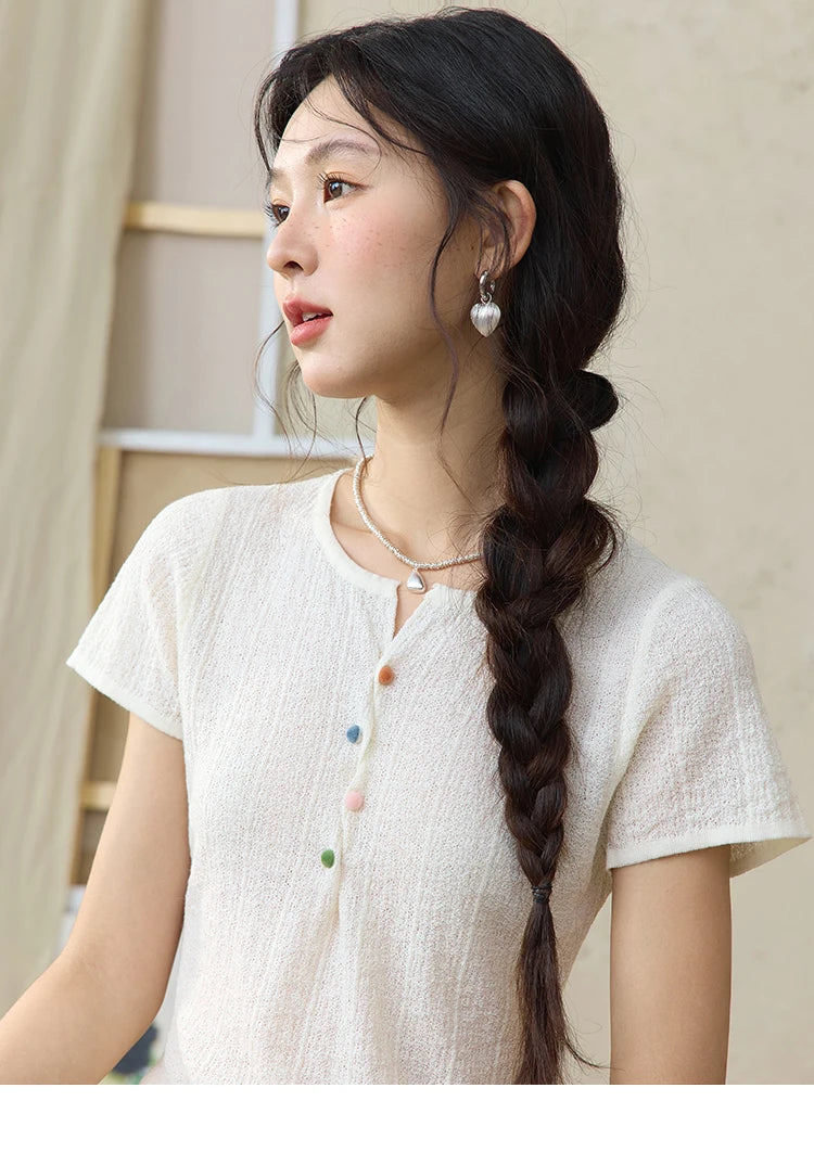 MISHOW Short Sleeved Knitted T-shirt for Women Summer 2025 Twisted Design Dopamine Button Tees Slim Breathable Top MXE34Z1243