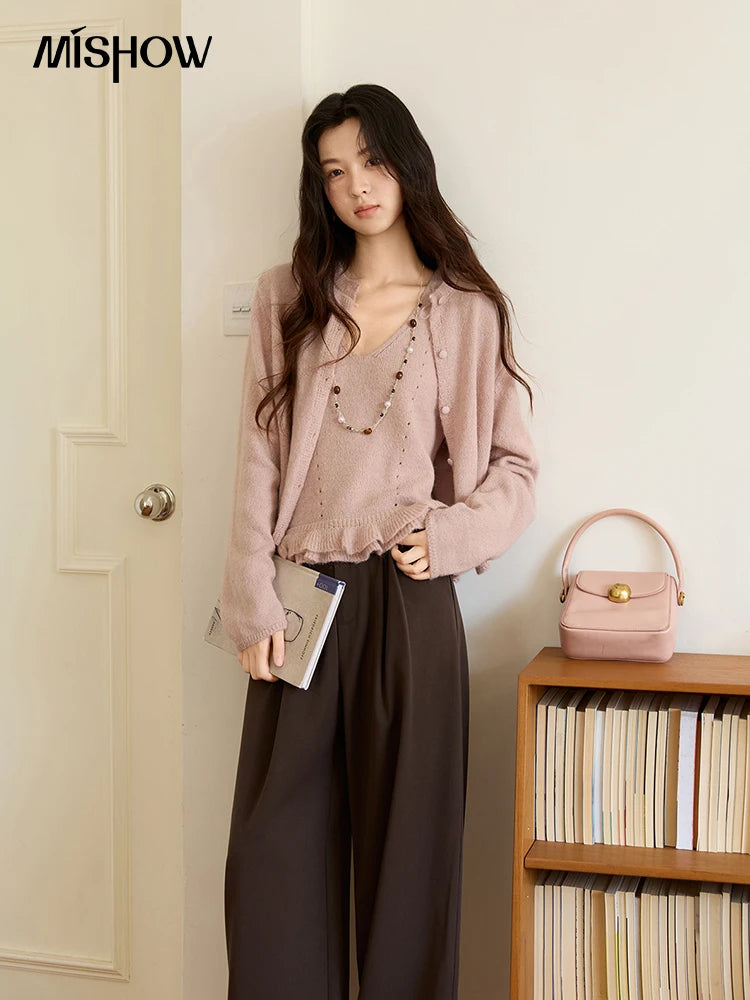 MISHOW Knit Cardigan for Women 2025 Autumn Elegant Pink Crew Neck Cardigan Loose Suspenders Two-piece Suit for Women MXE48T1404
