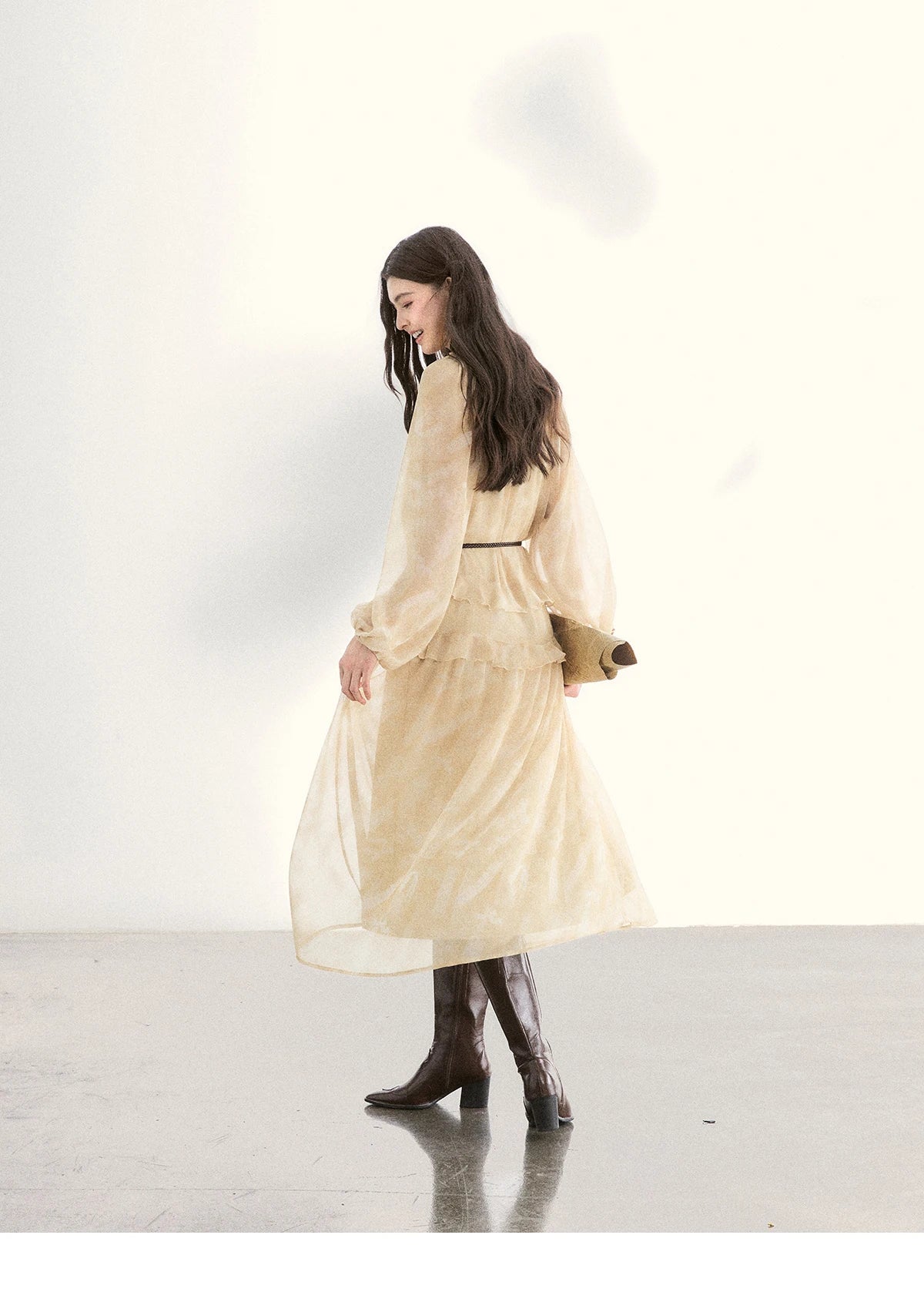 MISHOW Light Yellow Chiffon Maxi Dress 2026 Spring V-Neck Ruffled Belted Floral Print Casual Long Sleeve Dresses MXF11L2554