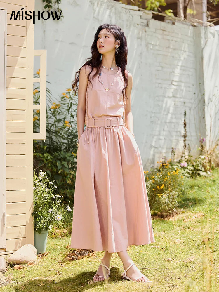 MISHOW Women's Vest Dress 2025 Summer Hand Woven Fried Dough Twists Waist Belt Slim Long Dress A-line Vacation Dress MXE34L2223