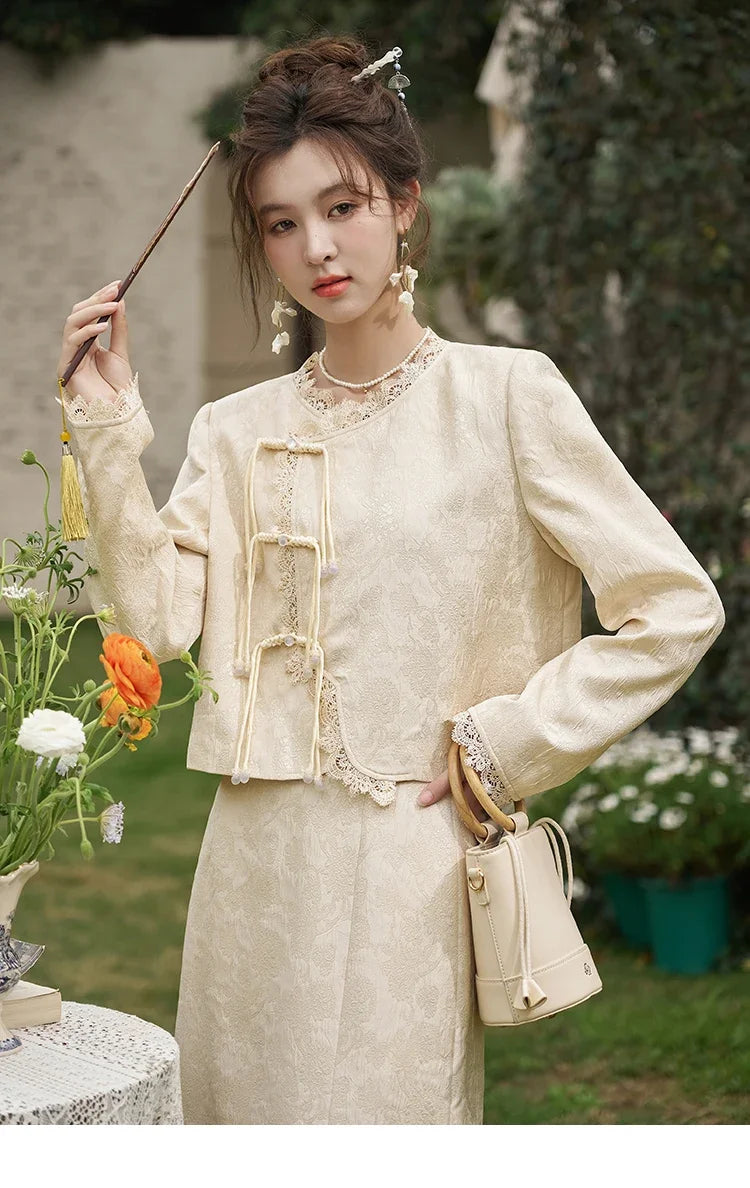 MISHOW Chinese Lace Edge Jacket Midi Skirts Separately Spring 2025 Elegant Top Irregular Jacquard Front Split Skirts MXD15W0370