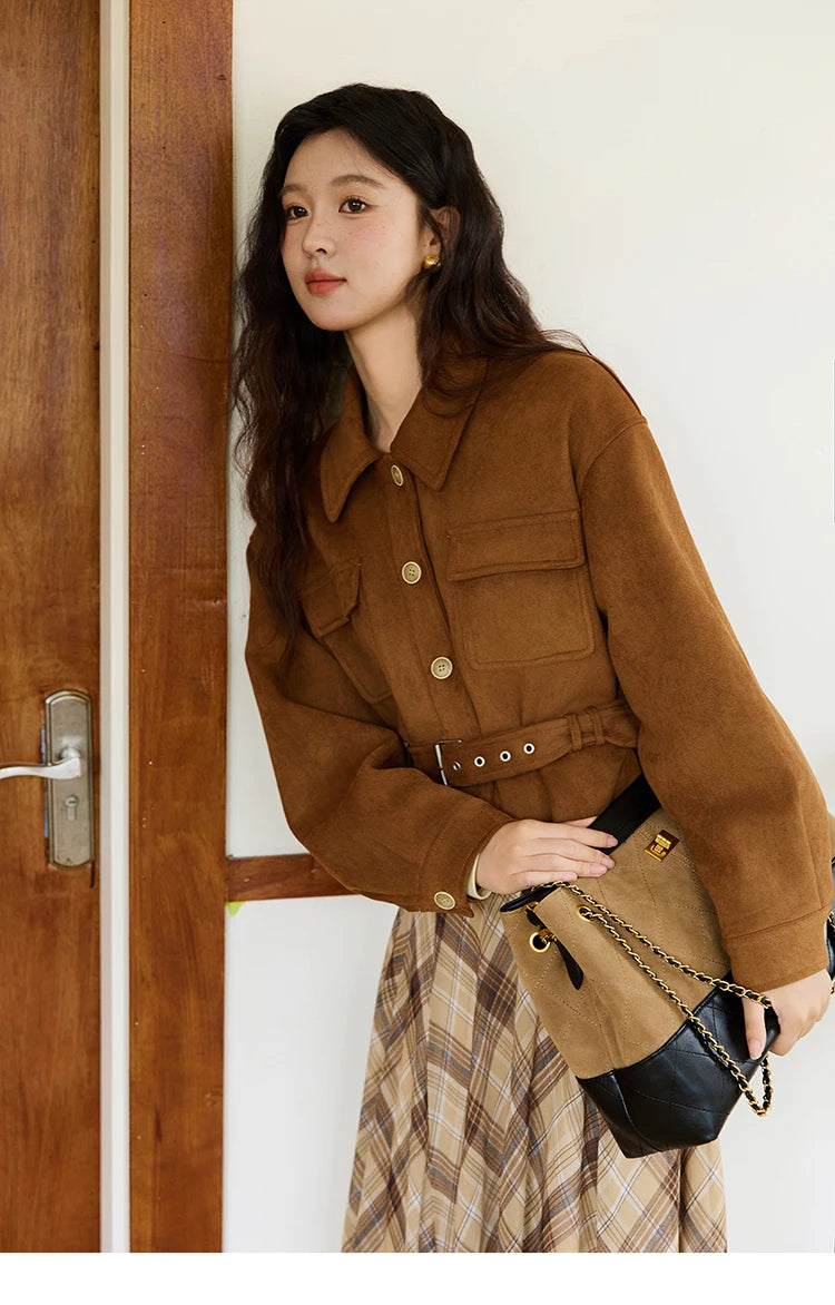 MISHOW Short Jacket for Women 2025 Autumn New Brown Lapel Metal Button Decorated Jacket Windproof Commuter Outerwear MXE46W0864