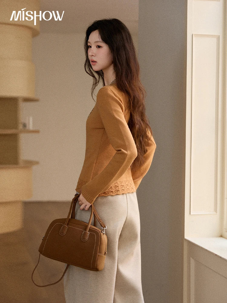 MISHOW Woman Beige Knit Top 2025 Winter Contrast Color French Style Hem Hollow Crochet Sweater Slim Long Sleeves Top MXE89Z2634