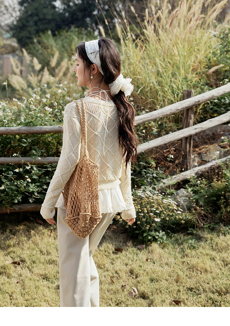 MISHOW Square Pattern Knitted Sweater for Women Spring Summer 2025 V-neck Tops Colorful Starfish Buckle Lazy Cardigan MXE16Z1213