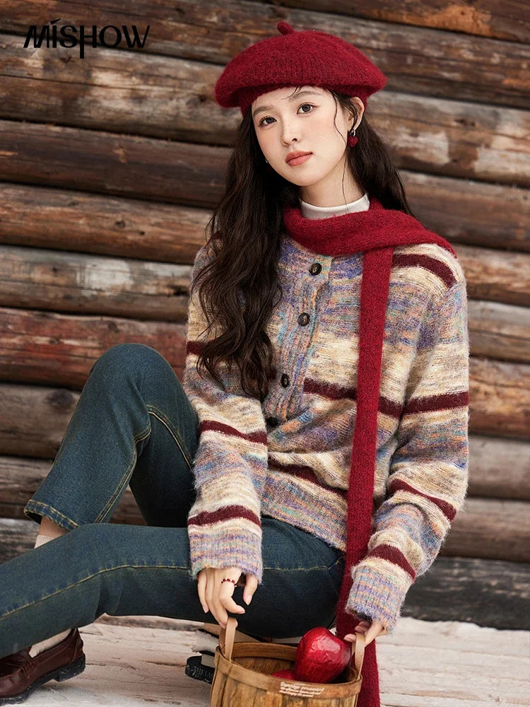MISHOW Striped Sweaters Short Contrast Color Loose Casual O-Neck Single Breasted Tops Soft Warm Knitted Cardigans MXD59Z1061