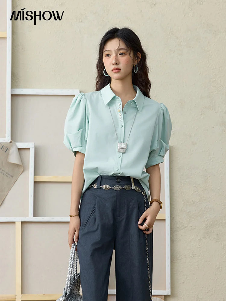 MISHOW Light Green Bubble Sleeve Shirt for Women Summer 2025 Lapel Collar Irregular Button Shirts Cotton Commuter Top MXE34C0788