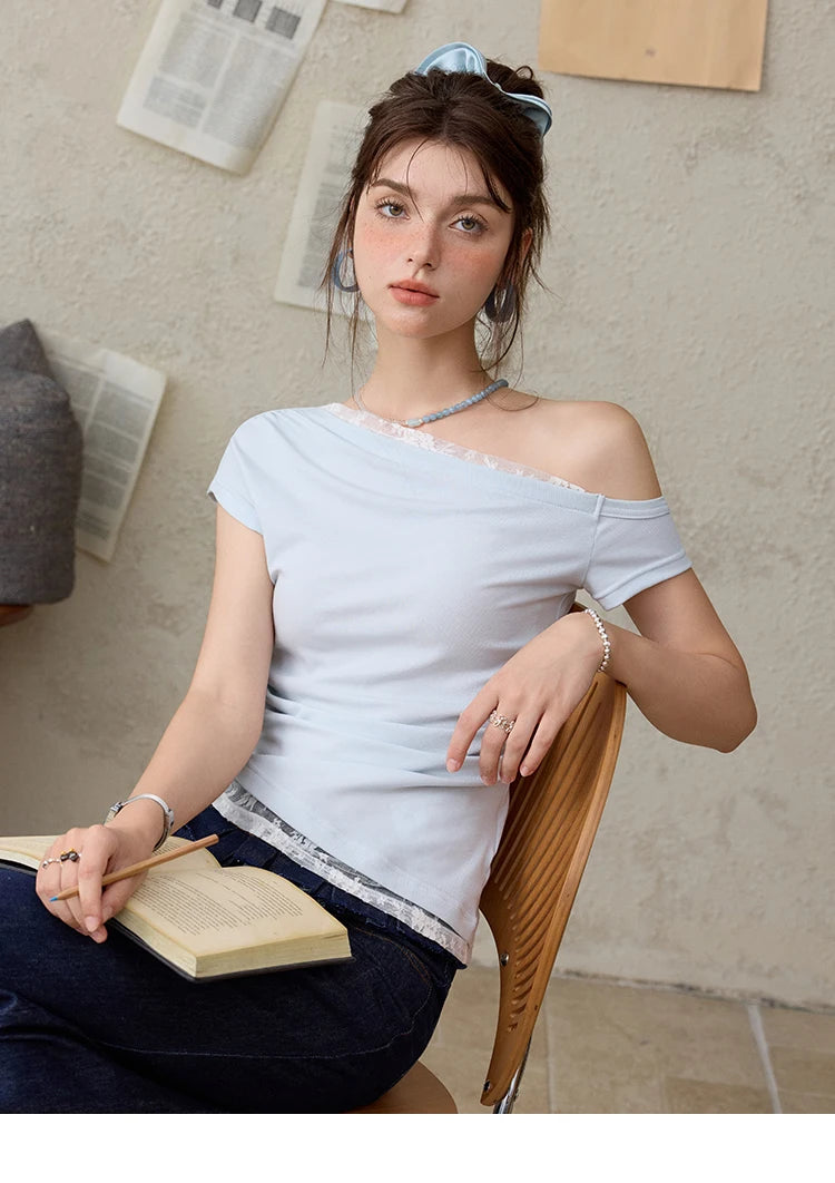 MISHOW Sexy Summer New T-shirts Women 2025 Short Sleeve Skew Collar Off-shoulder Lace Shirt Female Versatile Thin MXE31T0503