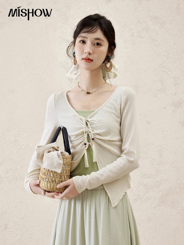 MISHOW Women's Fake Two Patchwork Knitted Spring 2025 Contrast Drawstring Strap Lace-up Tops Retro V-neck Thin Top MXE15Z1185