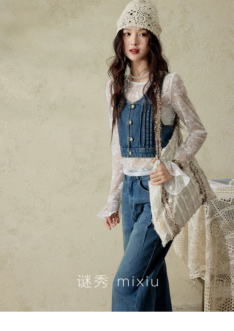 MISHOW Retro Denim Vest Coat for Women Spring Summer 2025 Deep Blue V-neck Short Versatile Outer Outfit U-neck Ccoats MXE16W0750