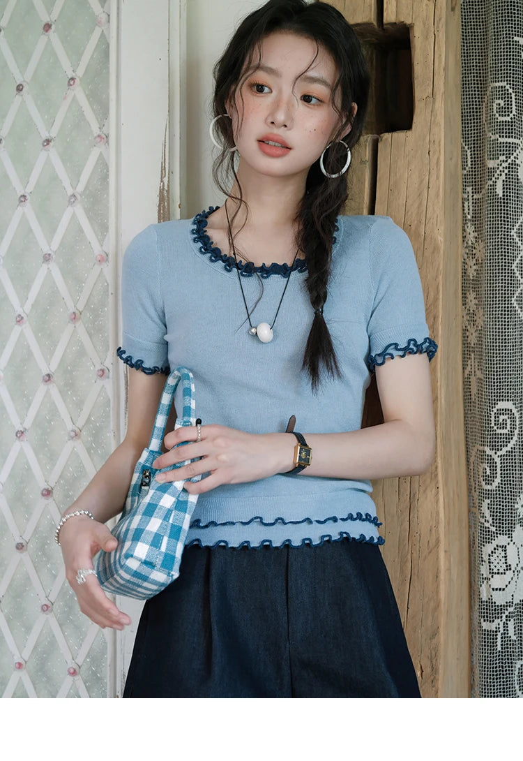 MISHOW Women's Round Neck Knit T-shirt Summer 2025 Fashion Ear Edge Short Top Casual Short Sleeve Tee Female Clothing MXE32Z1233