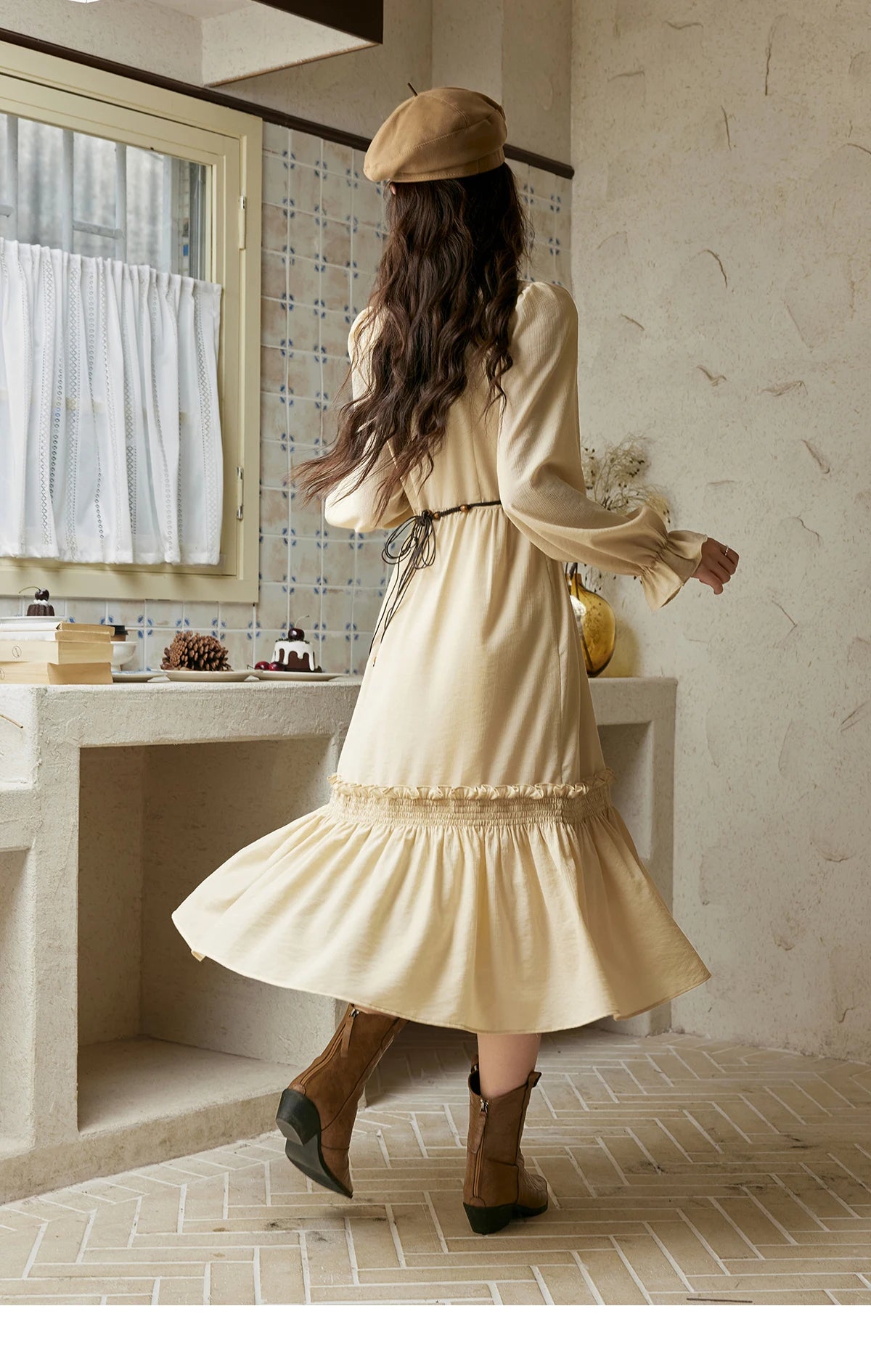 MISHOW French Stand Neck Elasticity Dress 2024 Autumn Waist Elegant A-line Dresses Elastic Lotus Leaf Sleeves Dress MPD42L2036