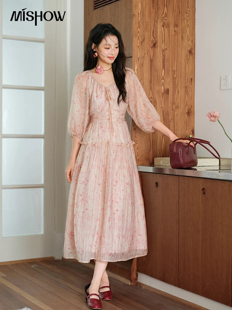 MISHOW Korean Women's Floral Pink Dress Autumn Convertible V Neck Off Shoulder Bubble Sleeves Elastic Waist Dresses MXE41L2479