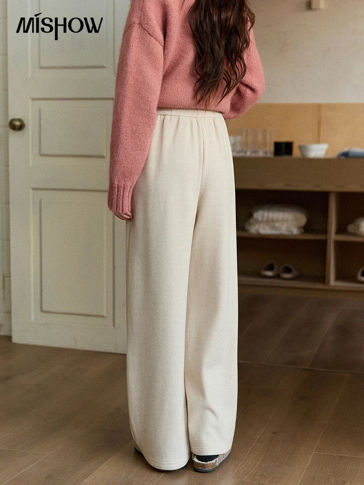 MISHOW Women's Fleece Lined Straight Knit Pants 2025 Autumn Winter Elastic Waist Casual Commute Trousers with Pockets MXE92K1131
