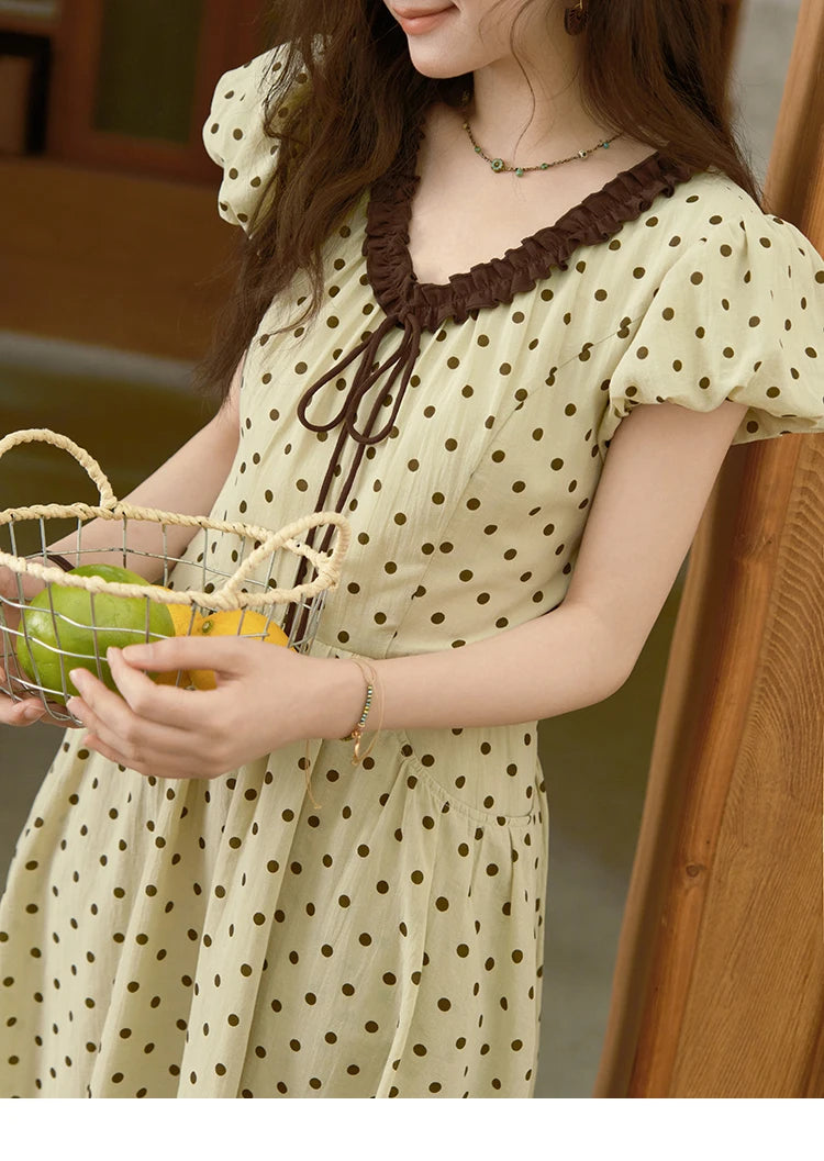 MISHOW Women's Casual Polka Dot Dress 2025 Summer New Ladies Puff Sleeve V-neck Lace Up Ruffle Edge Pocket Dresses MXE39L2326