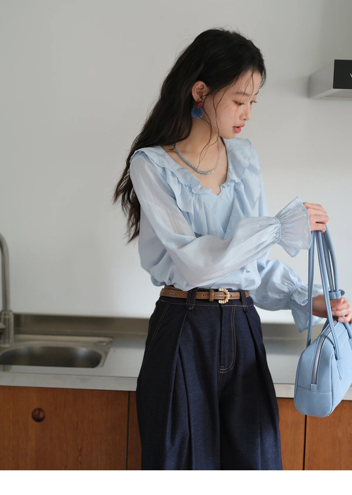 MISHOW Blue Lyocell Ruffled Shirt 2025 Autumn V-neck Flared Sleeves V-neck Shirts Commuting Elegant Versatile Tops MXE41X1969