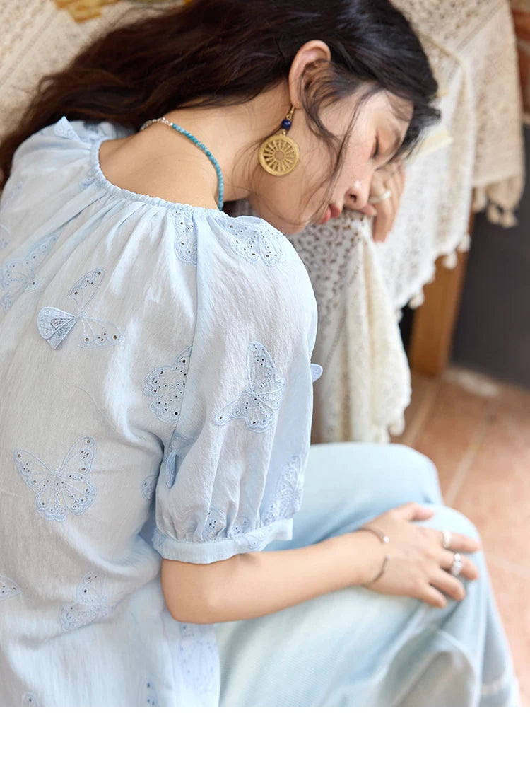 MISHOW Women's Butterfly Embroidery Blouse 2025 Summer New Fashion Hollow Out O-Neck Casual Top Female Clothing MXE36X1878