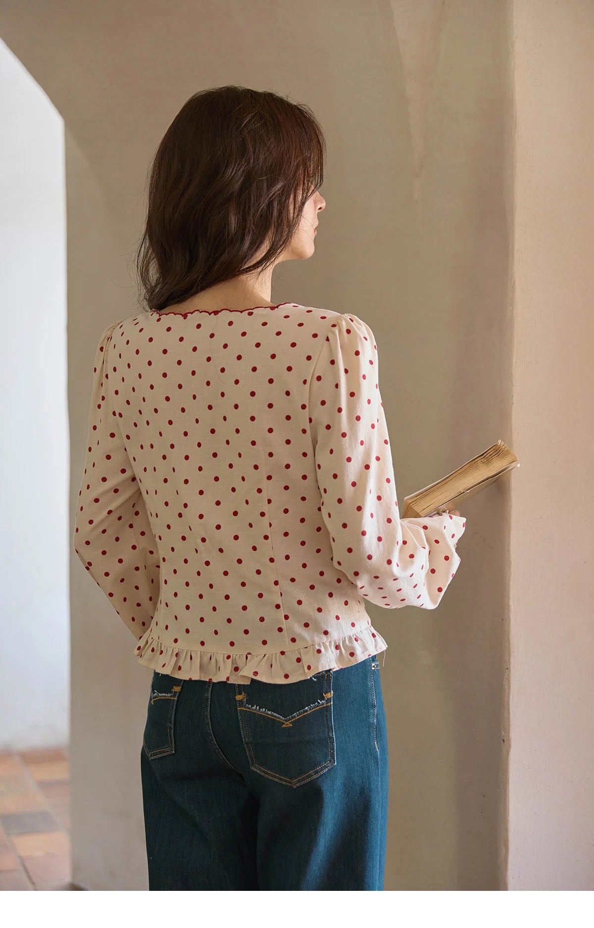 MISHOW Apricot Bottom Red Polka Dot Shirt for Women Autumn 2025 Korean Ruffled Edges Shirts V-neck Lace-up Sweet Top MXE42X1971