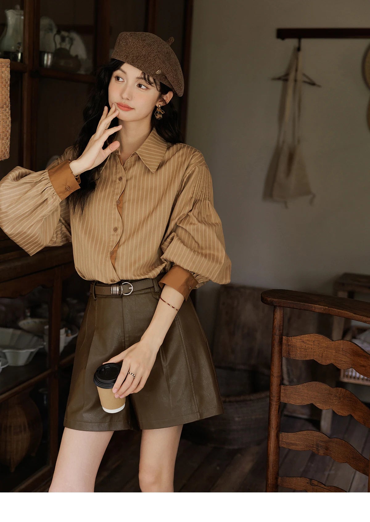 MISHOW Striped Casual Shirt for Women 2024 Autumn Retro Lapel Long Sleeve Top Contrasting Cuffs Shirts Office Lady MXD42C0301