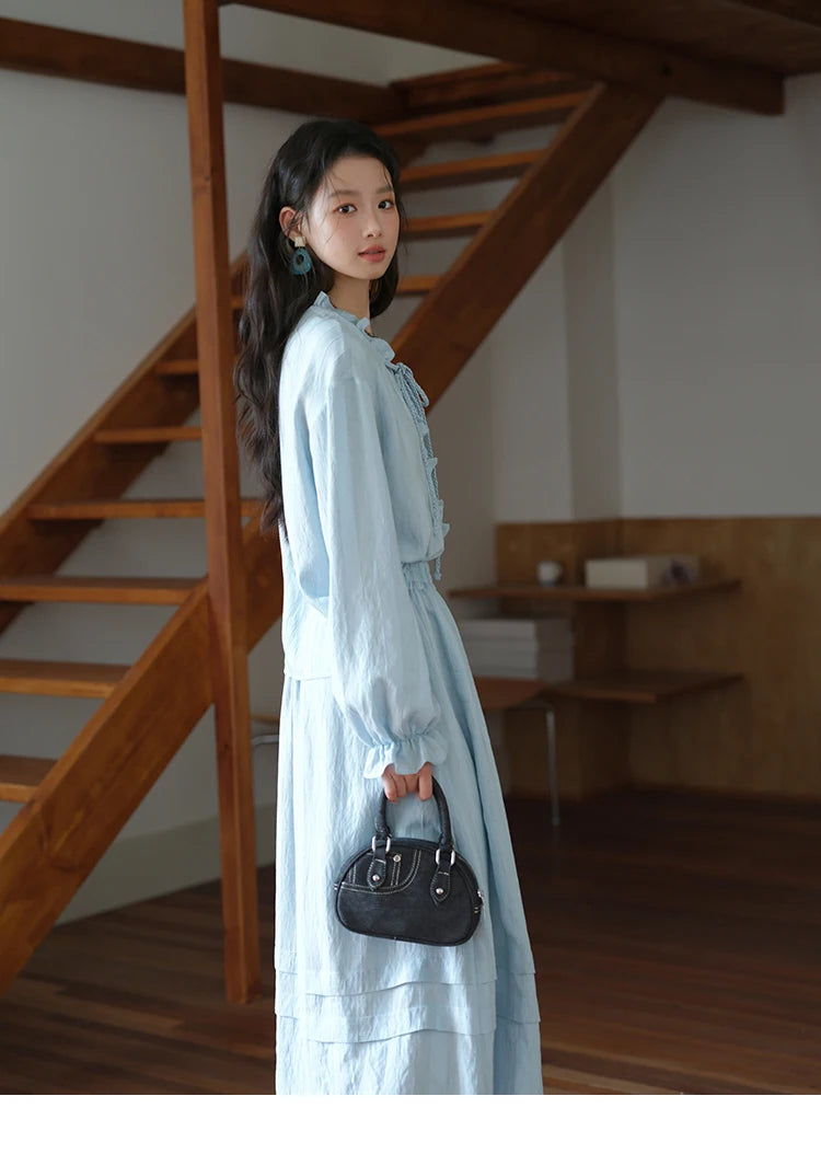 MISHOW Women's Light Blue Striped Linen Suit 2025 Autumn Fungus Edge V-neck Lace-up Shirt Elastic Waist Skirt Two pcs MXE41T0700