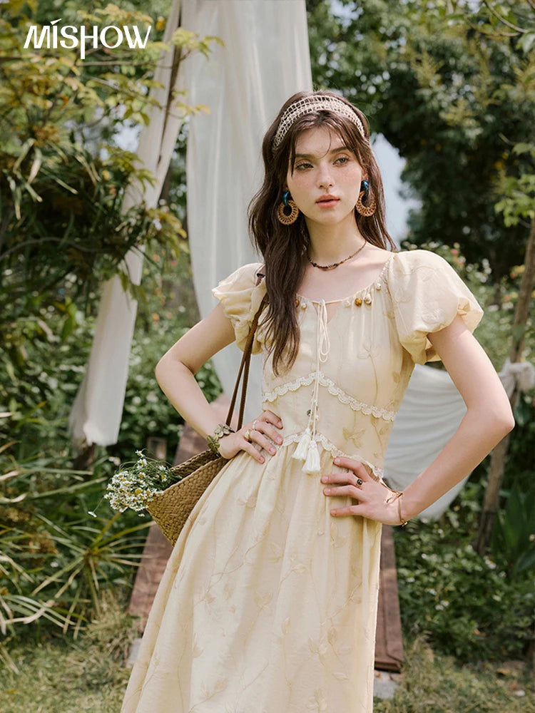 MISHOW Print Office Lady Dress Women Summer 2025 Short Sleeve Round Neck Beaded Neckline Slim Waist Dresses Female MXE33L2208