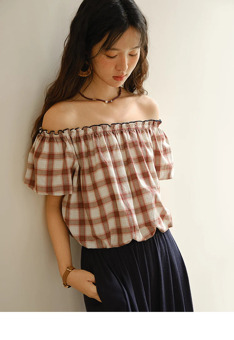 MISHOW Two Piece Set for Women Retro Red Grid Puff Sleeve Top+Casual Elastic Waist Wide Leg Pants Set 2025 Summer New MXE37T0649