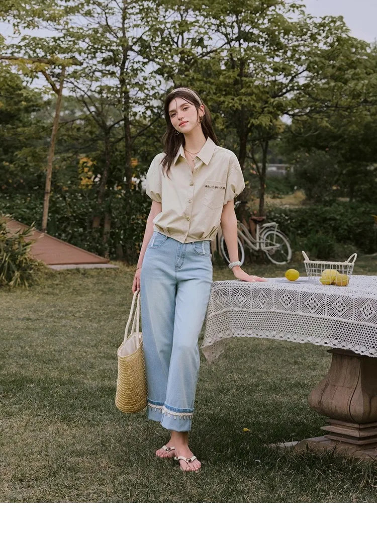 MISHOW Casual Summer Blouses Women 2025 New Short Puff Sleeve Turn Down Collar Shirt Female Fashion Shell Ribbon Tops MXE33C0773