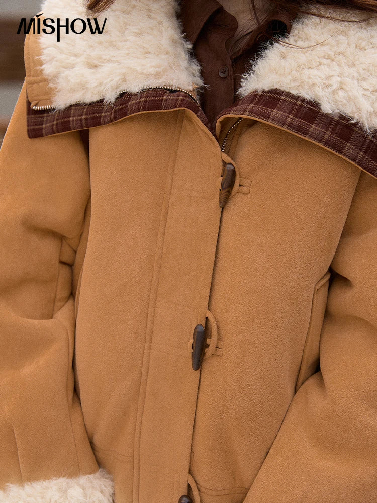 MISHOW Fur One-piece Lamb Wool Coat Winter 2025 Bull Horn Buckle Single Row Buckle Coats Wide Lapel Thickened Jacket MXE91W1002