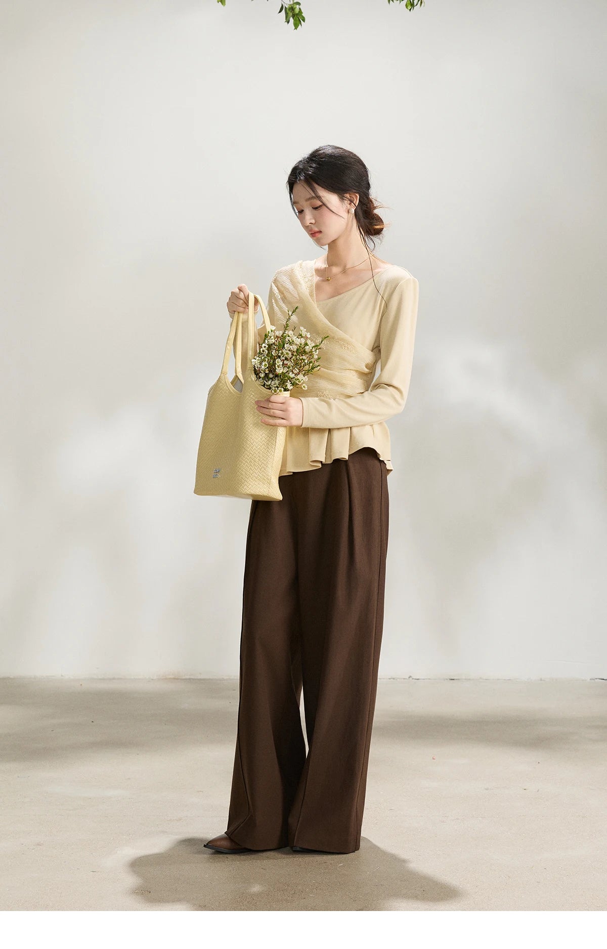 MISHOW Women's Asymmetric Lace Patchwork Tops 2026 Spring V Neck Long Sleeve Top Ruched Waist Ruffled Hem Casual Tees MXF11Z2942