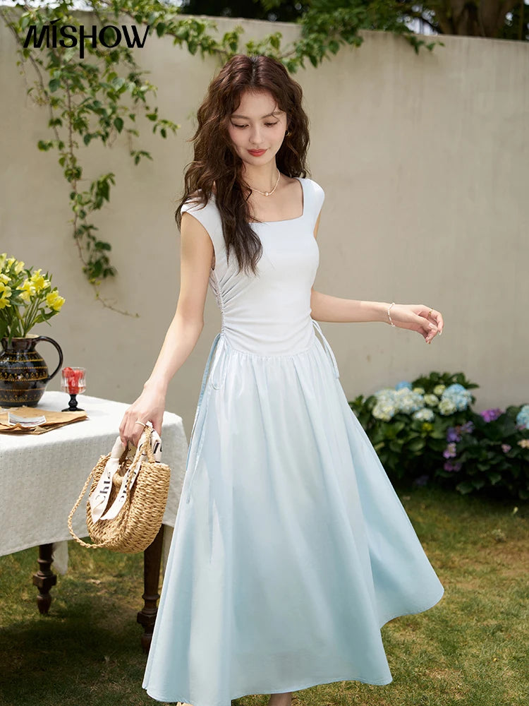 MISHOW Square Neck Patchwork Knitted Long Dress Summer 2024 Minimalist High Waist Side Drawstring Waist Slim Dresses MXD23L1818