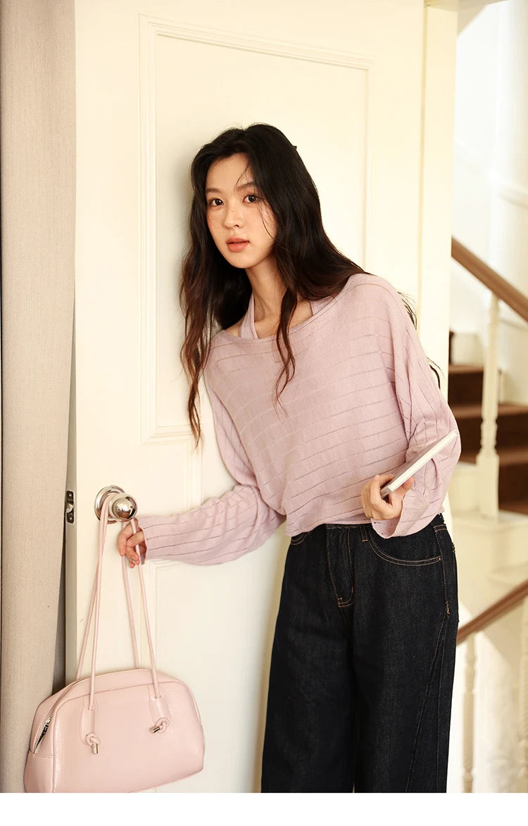 MISHOW Striped Short Hanging Neck Top Two-piece Set 2025 Autumn Wool Blend Knitted Sweater Casual Fashion Top Sets MXE46T1399