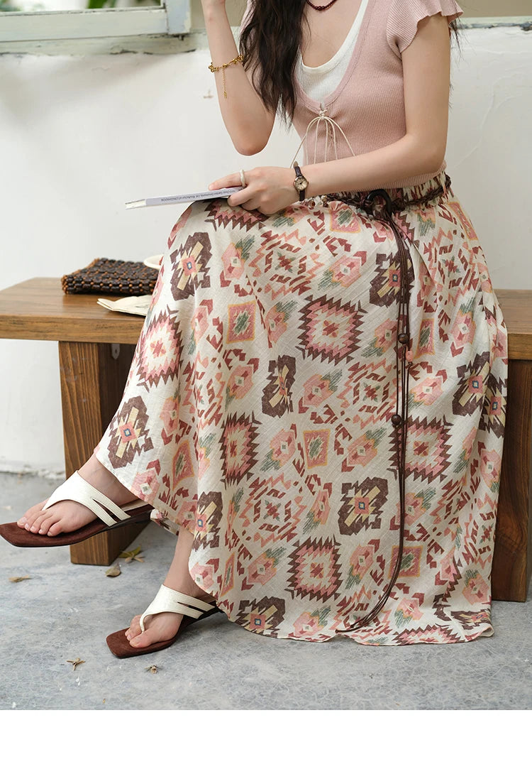 MISHOW Women's Geometric Print Half Skirt 2025 Summer Retro Prairie Chic Pocket Vacation A-line Skirt Female Clothing MXE37B0760