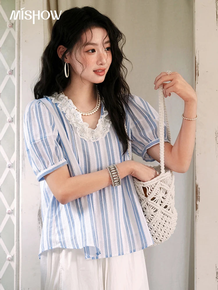 MISHOW 2025 Summer New 100% Cotton Striped Blouse Women Fashion Lantern Sleeve Lace V-neck Casual Top Ladies Clothing MXE36X1845
