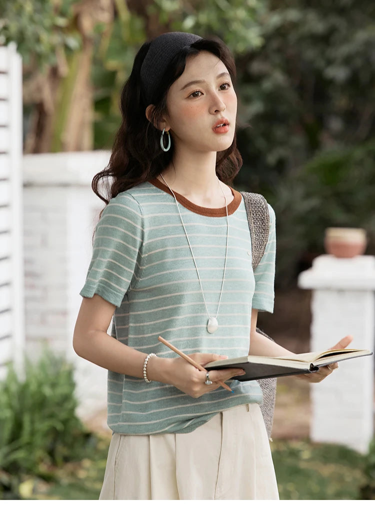 MISHOW Striped Knitted T-shirt for Women Summer 2025 Color Contrasting Round Neck Tees Wool Blended Slim Casual Top MXE35Z1270