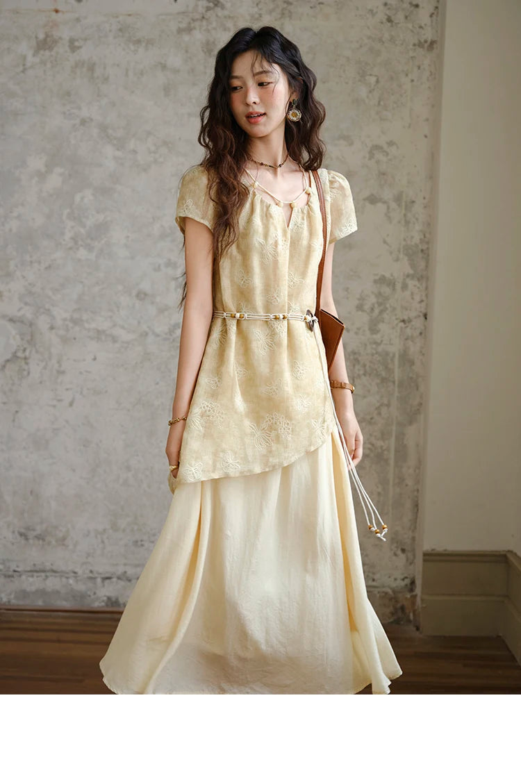 MISHOW Fashion Butterfly Embroidery Dress 2025 Summer Splicing Beaded Collar Comes with Retro Belt Dresses MXE36L2250