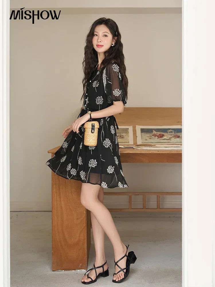 MISHOW【Taraxacum Series】Black Embroidered Dress for Women 2023 Summer French Tea Break Lace-up Retro Romantic Dresses MXC39L1567