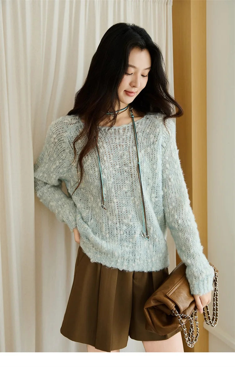 MISHOW Scoop Neck Loose Sweater 2025 Autumn Raglan Sleeve Casual Knitted Top Hollow-out Wool Blend Soft Warm Sweaters MXE46Z2565