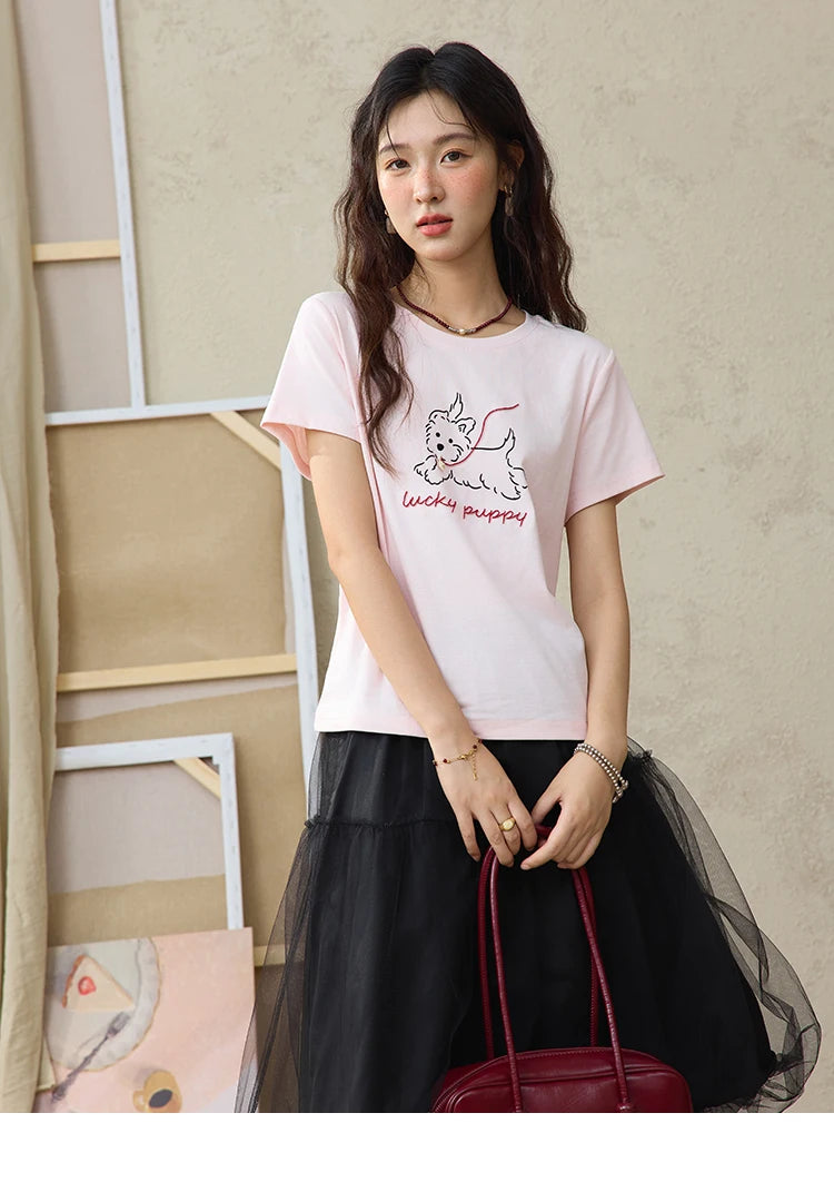 MISHOW Cute Printed Puppy Short Sleeve T-shirt 2025 Summer Round Neck Short Sleeved T-shirt Cotton Blend Casual Tees MXE36T0640