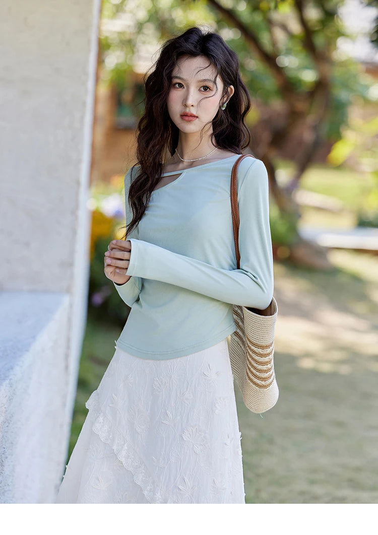 MISHOW Women's Knitted Long Sleeved T-shirt 2025 Spring Outfit Irregular Hollow Neck Tees Slim Solid Color Casual Top MXE13Z1116