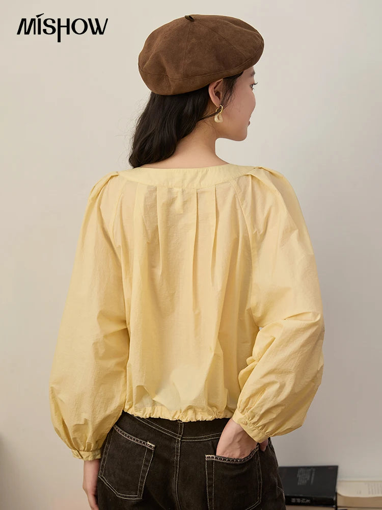MISHOW Light Yellow Pleated Shirt 2025 Autumn Drawstring Hem Lantern Sleeve Top O-neck Cotton Blend Casual Shirts MXE45X2490