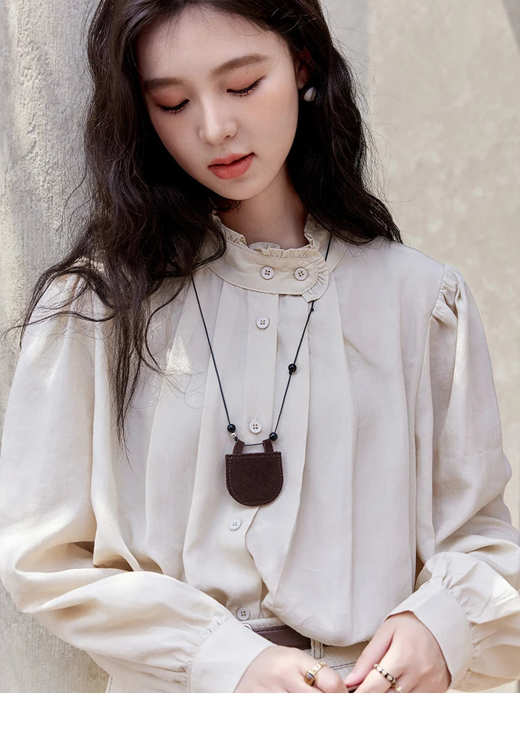 Mishow French Apricot Stand Collar Shirt & Pleated Mini Skirt Set MXD48C0365