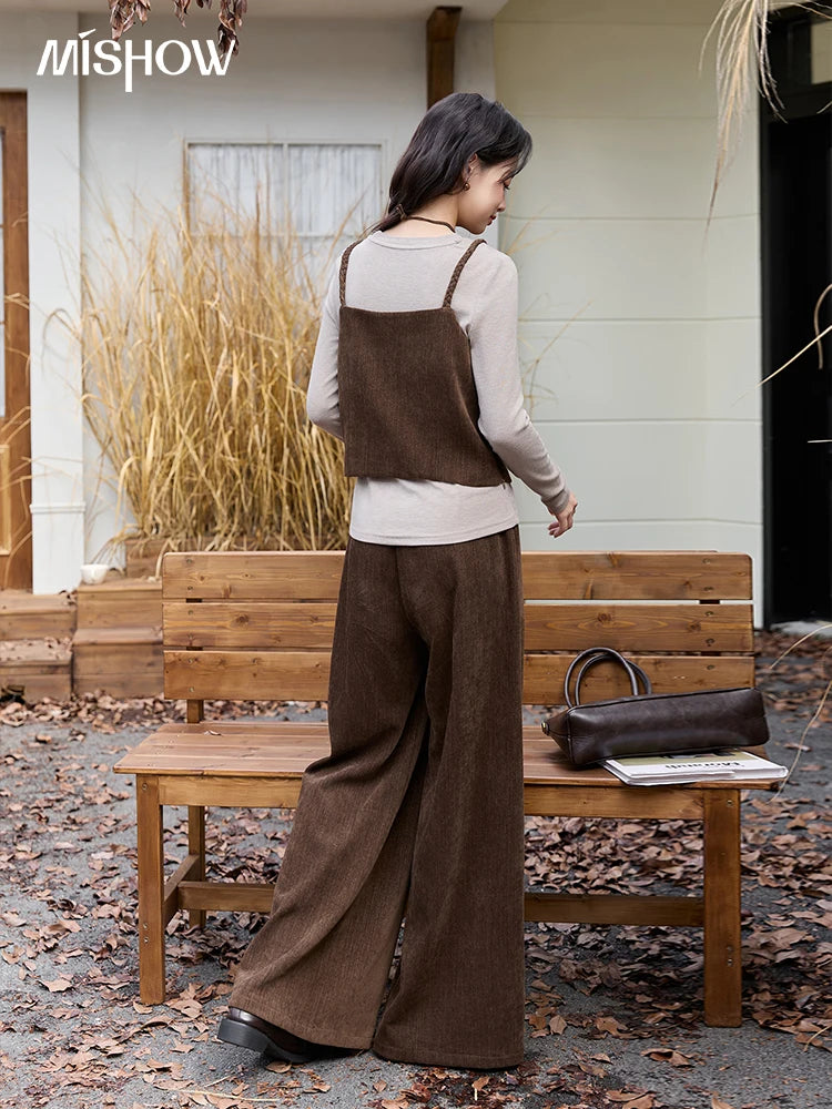 MISHOW Three-piece Suit Women 2025 Retro Brown Vest Wide-leg Pants Gray Long Sleeves Tops Autumn Women's Pants Set MXE49T1422