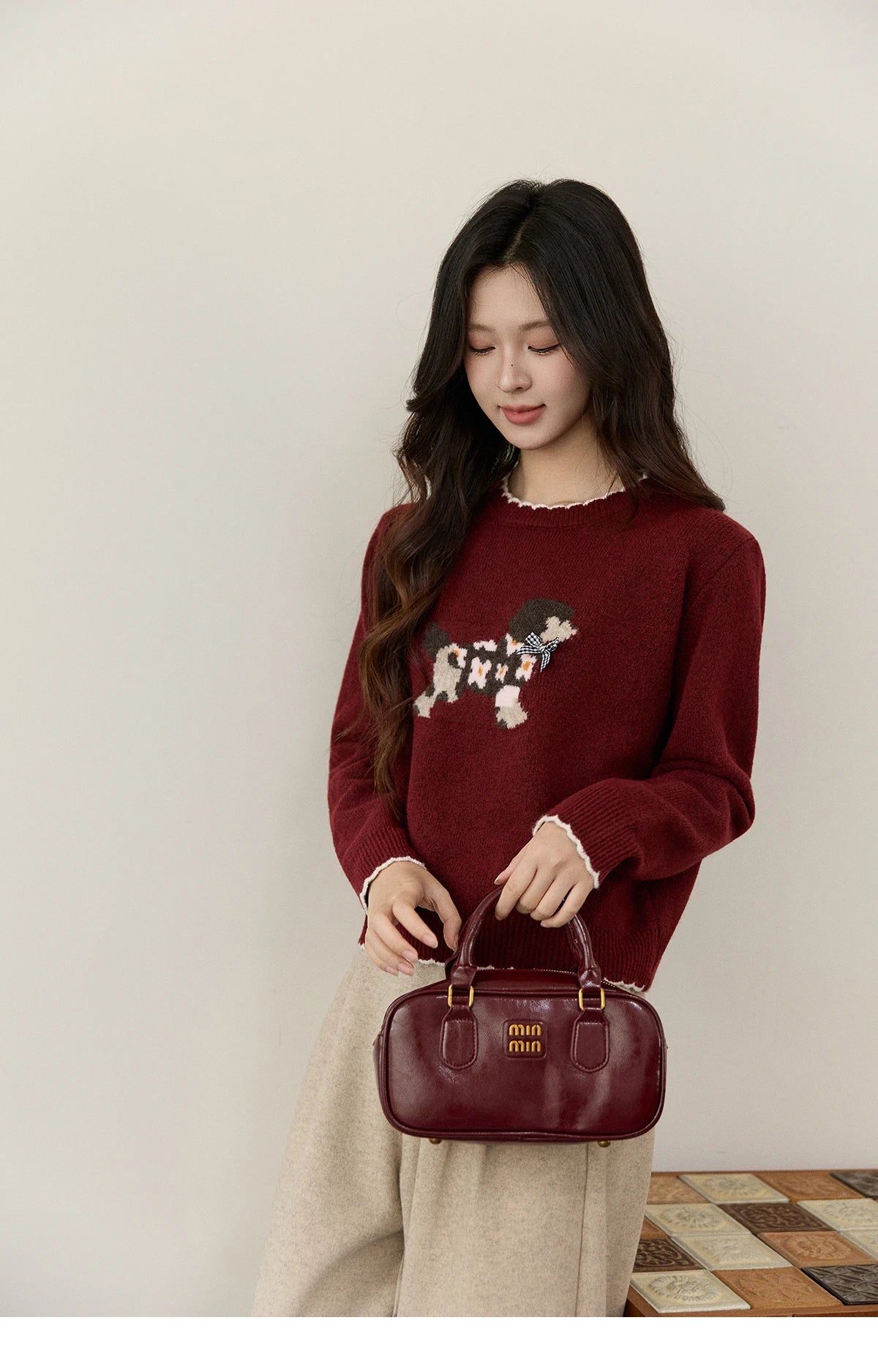 MISHOW Women's Burgundy Knitted Sweater 2025 Winter Poodle Pattern Ruffled Trim Crew Neck Sweater Warm Pullover Tops MXE93Z2949