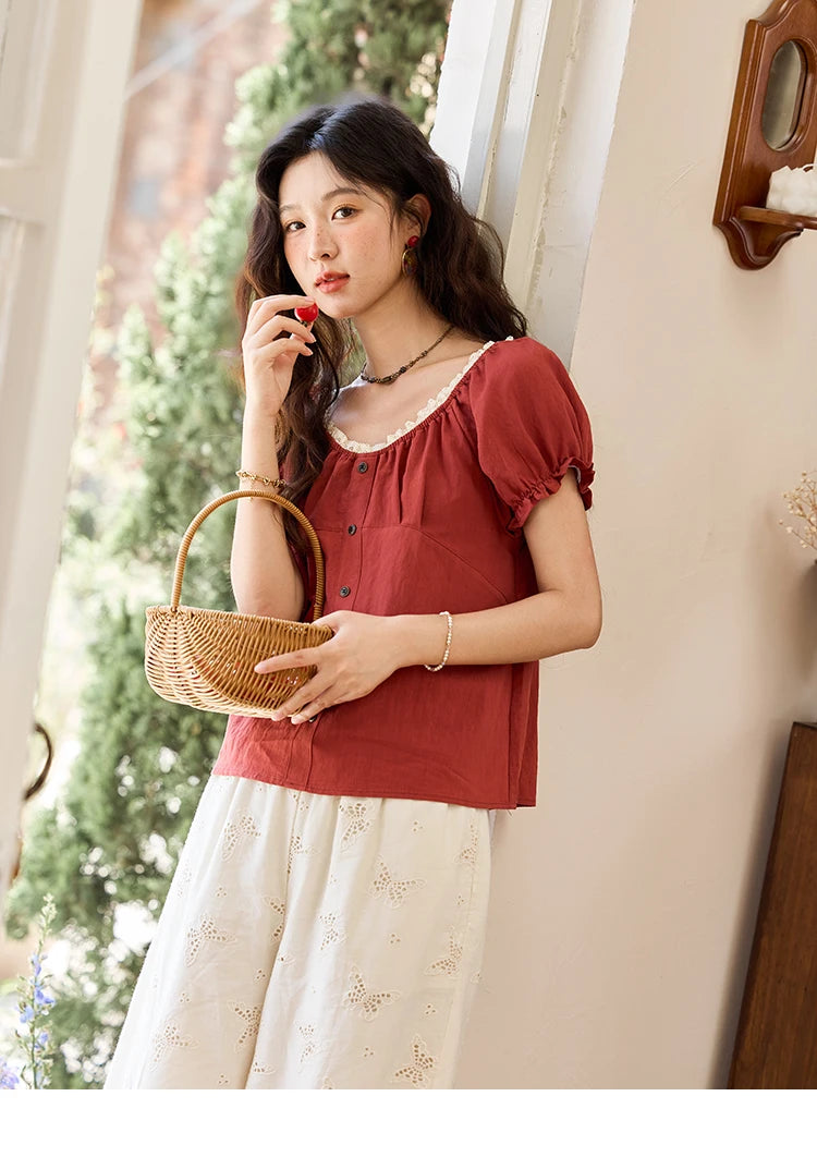 MISHOW French Summer Shirts for Women 2025 Short Puff Sleeve Lace Colla Slimming Blouses Female Sweet Fashion New MXE35X1827