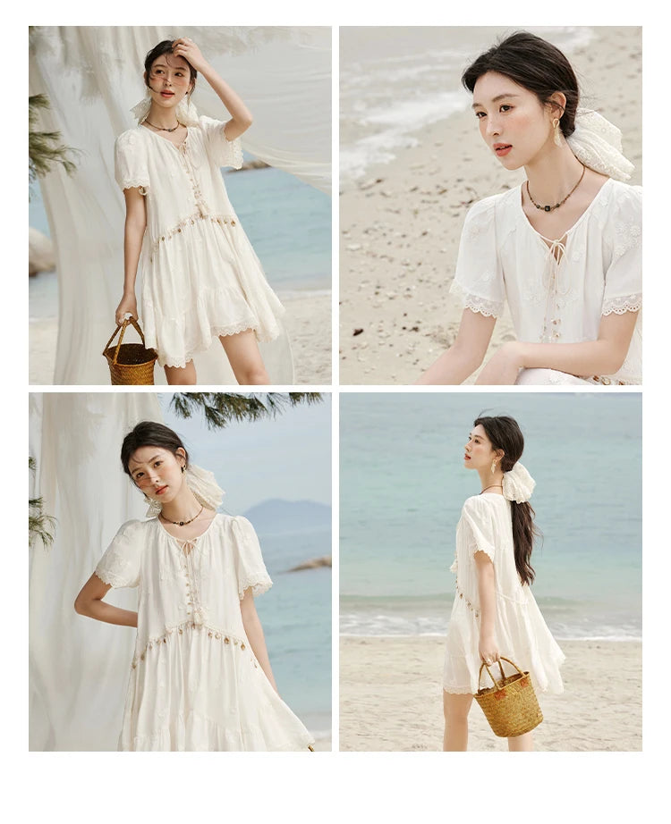 MISOHW Bohemian Solid Women's Summer Dress New 2025 Short Sleeve V-neck Shell Lace Midi Dresses for Woman Fashion MXE33L2195