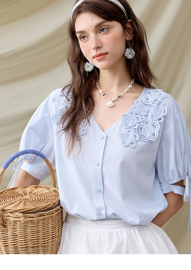 MISHOW French New Shirts Women Summer 2025 Solid Short Sleeve V-neck Embroidered Loose Blouses Female Loose Versatile MXE31X1774