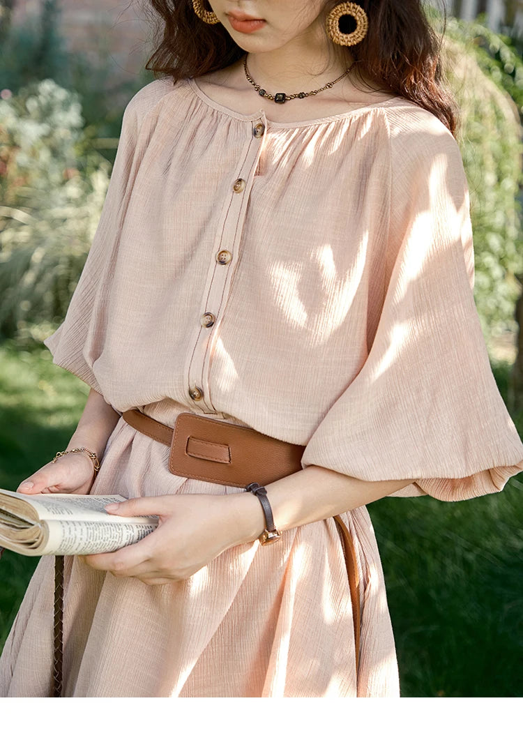 MISHOW French Retro Midi Length Sleeves Dress Summer O-neck Single Breasted Dresses Casual Tea Break Dress with Belt MXE39L2409