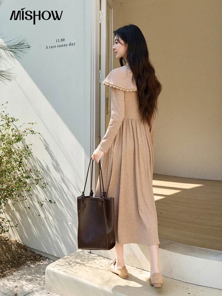 MISHOW Women's Khaki Knitted Dress 2026 Spring Large Collar Decor Long Sleeve Dresses Pleated Casual Elegant Dress MXF11L2553