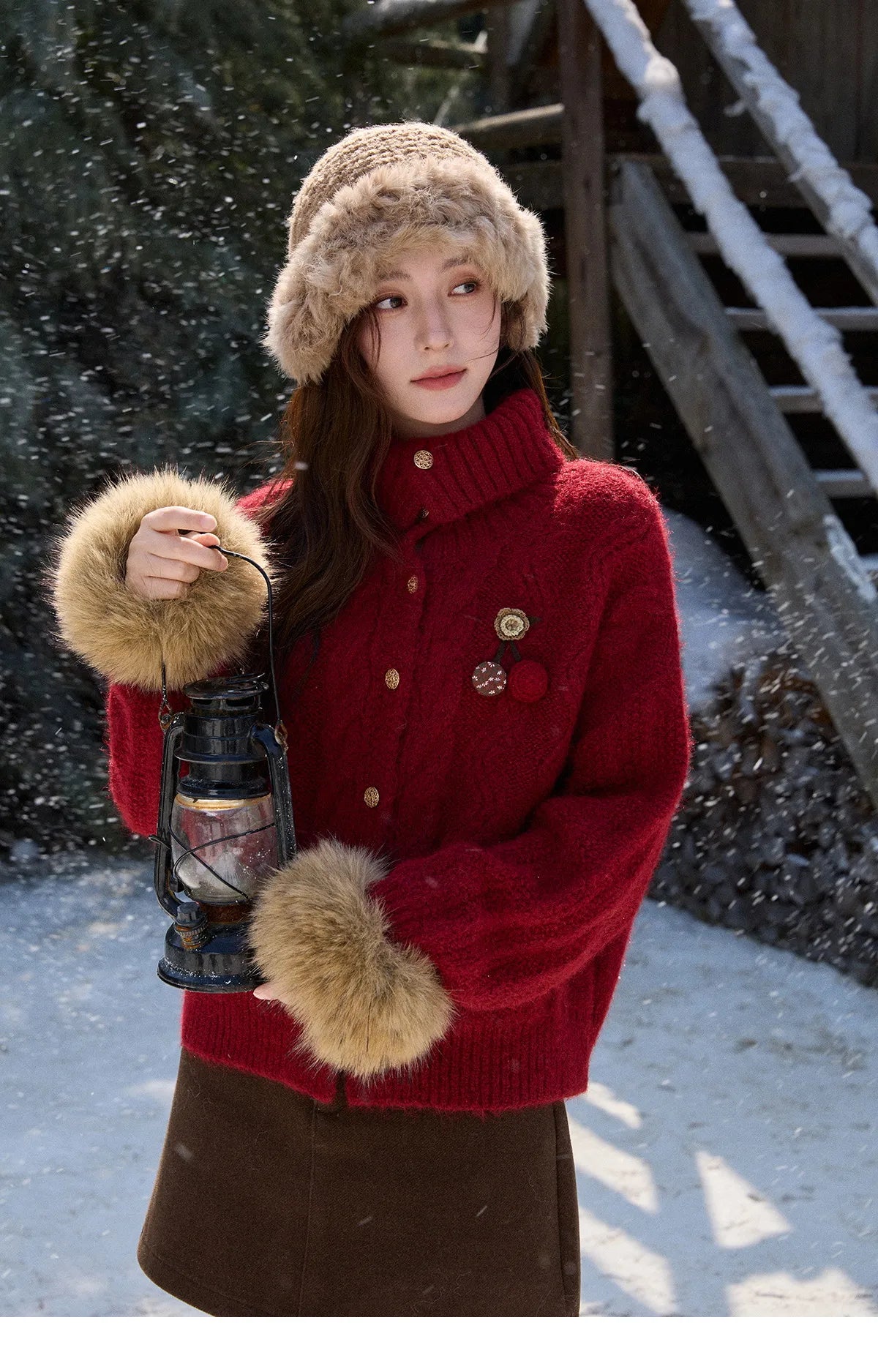 MISHOW Women's Red Knitted Cardigan Autumn Winter Cable Knitted Stand Collar Single-breasted Warm Loose Outerwear MXE92Z2827